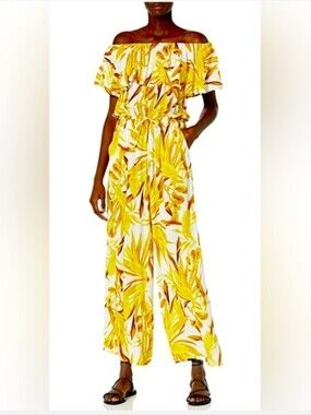 BCBGMaxAzria Yellow & White Off-Shoulder Tropical Jumpsuit